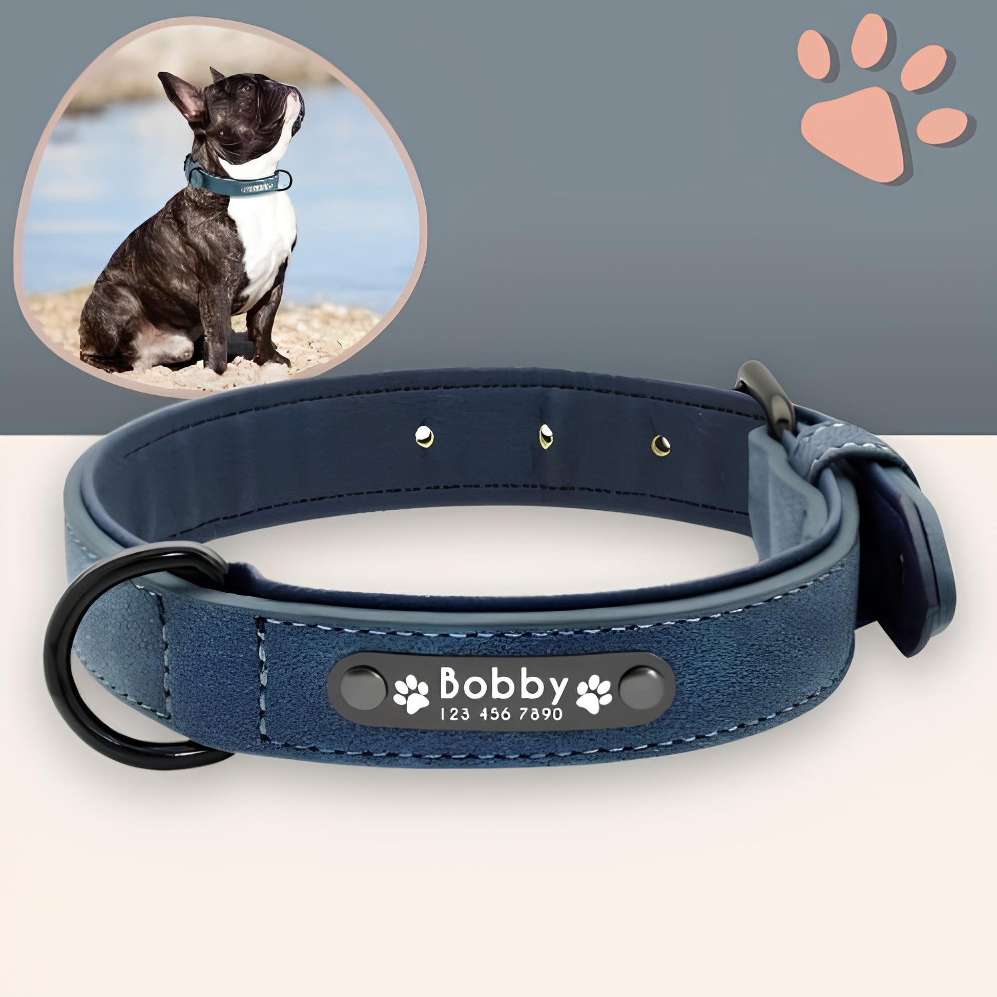 Collier personnalise pour chien nom personnalisable la niche de jules jujusecurename bleu gris foncé