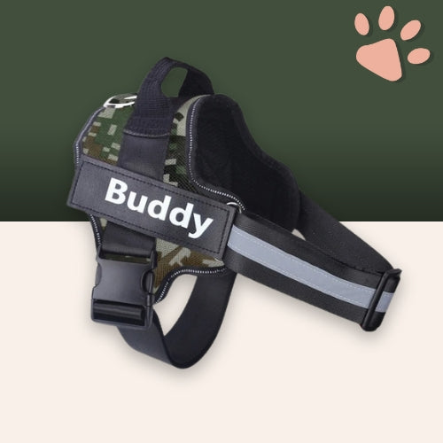 Harnais pour chien personnalisé prénom téléphone anti traction spf jujucustomharn la niche de jules camouflage vert
