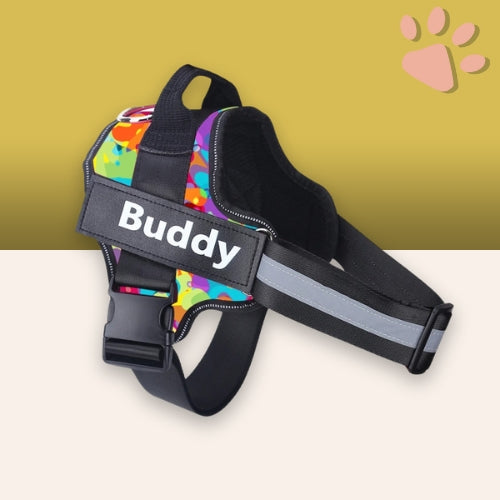 Harnais pour chien personnalisé prénom téléphone anti traction spf jujucustomharn la niche de jules multicolor