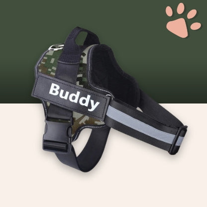 Harnais pour chien personnalisé prénom téléphone anti traction spf jujucustomharn la niche de jules camouflage vert