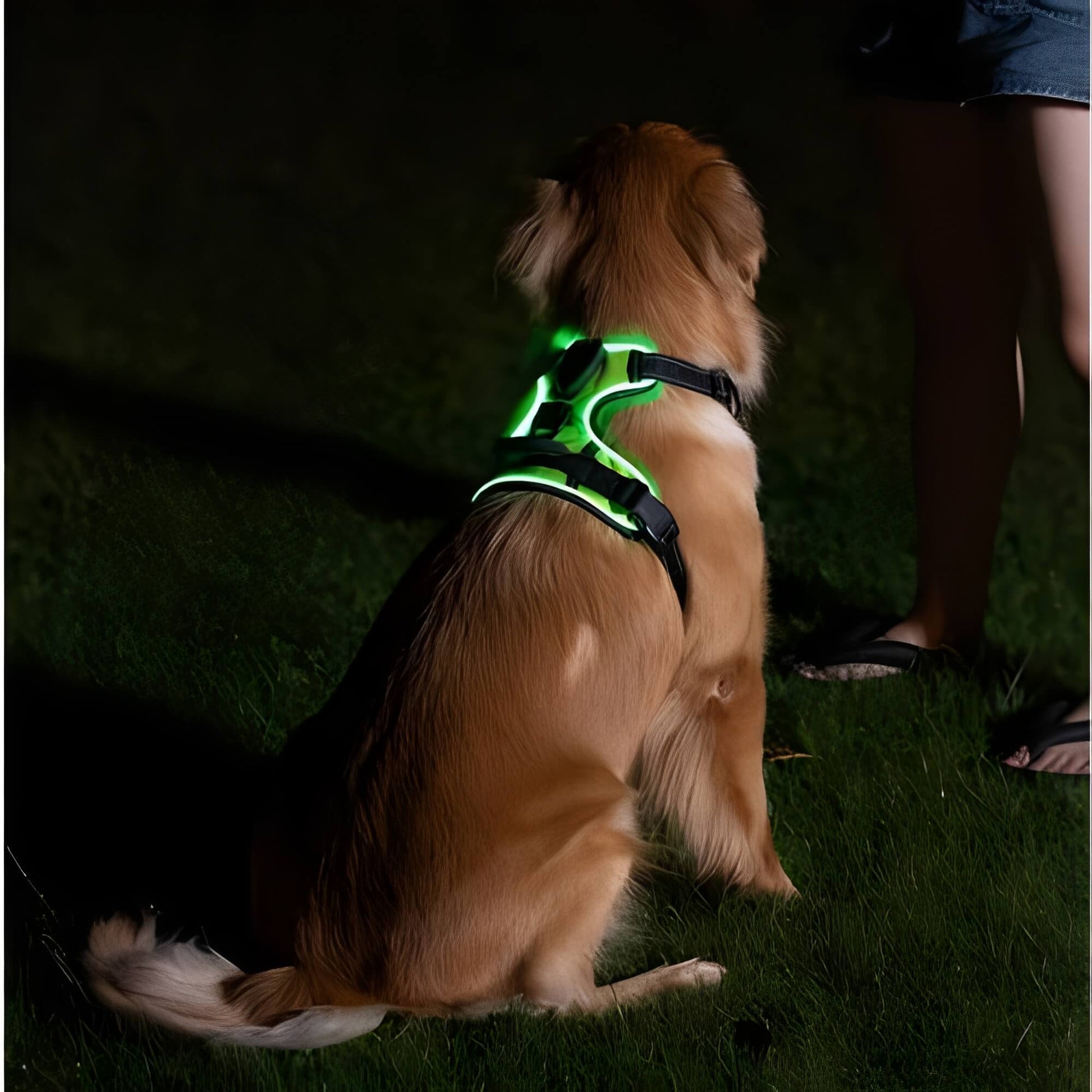 Harnais lumineux pour chien réglable la niche de jules JujuLumiHarness golden assis2
