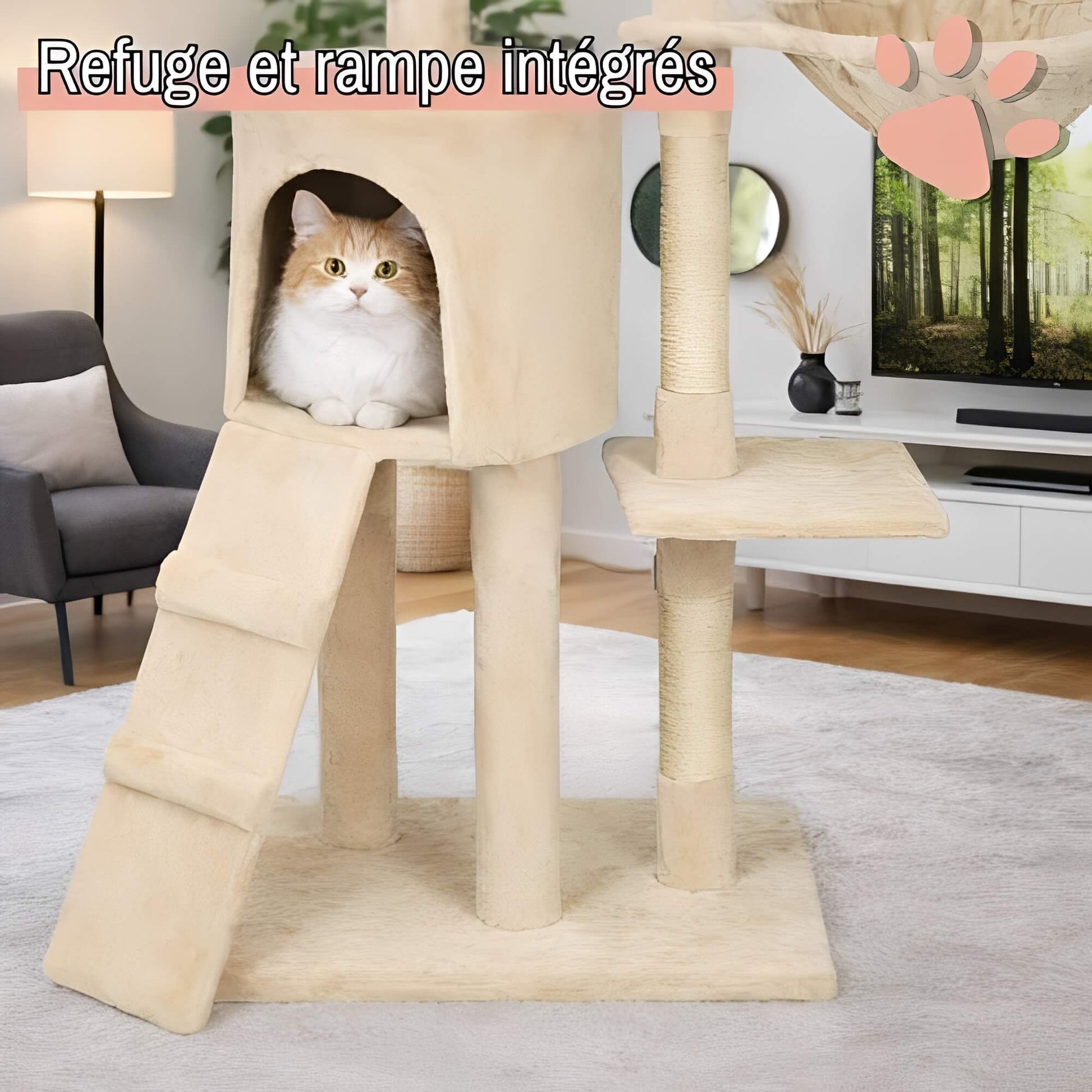 arbre a chat grand format JujuLukiNinjaWarrior la niche de jules refuge rampe integre acces securise ecru