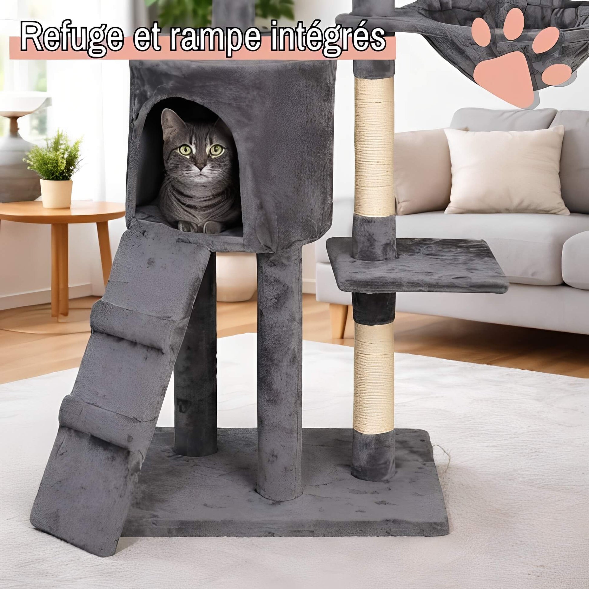 arbre a chat grand format JujuLukiNinjaWarrior la niche de jules refuge rampe integres acces securise gris anthracite