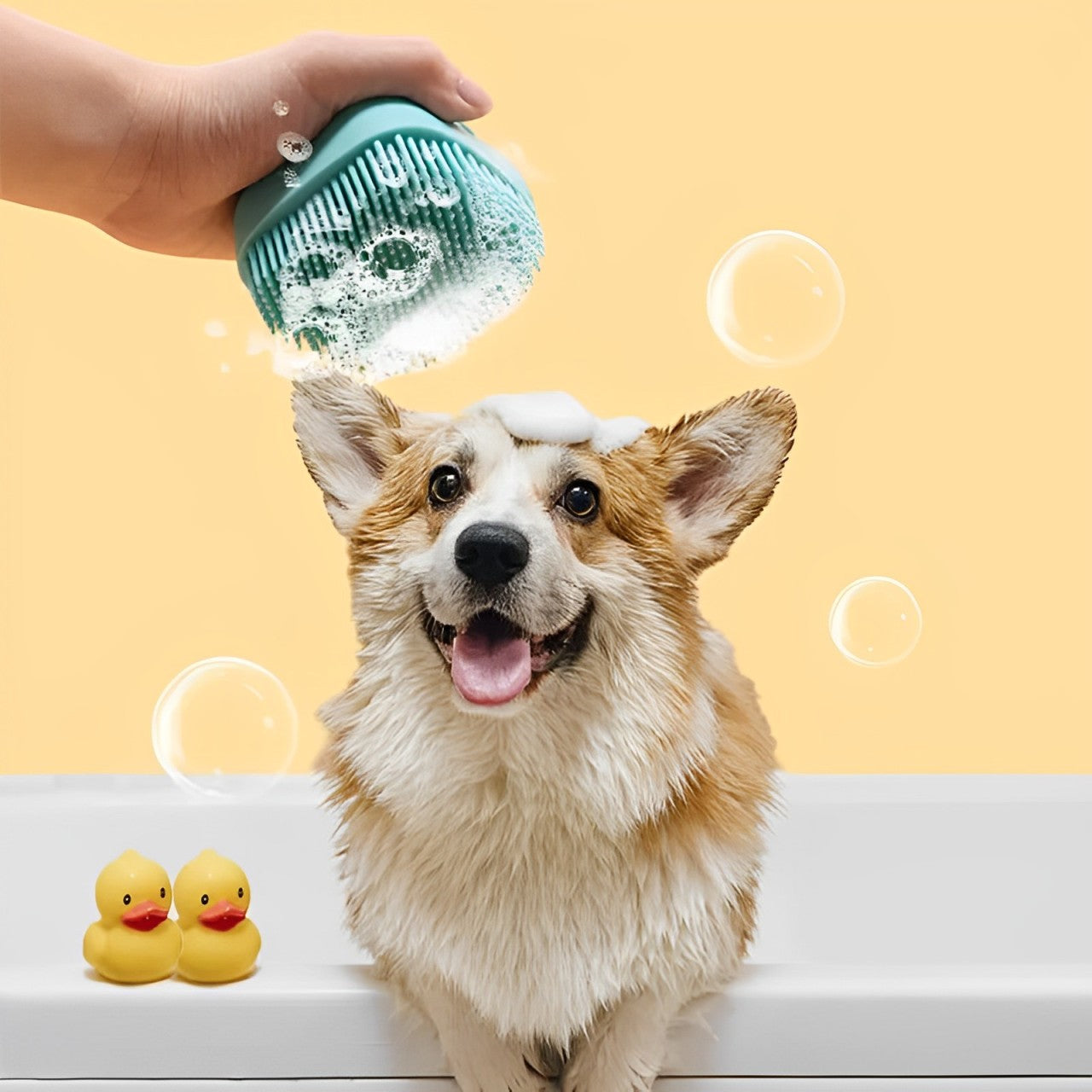 Brosse de lavage de bain pour chien avec réservoir JuJuBainBrosse la niche de jules chien heureux