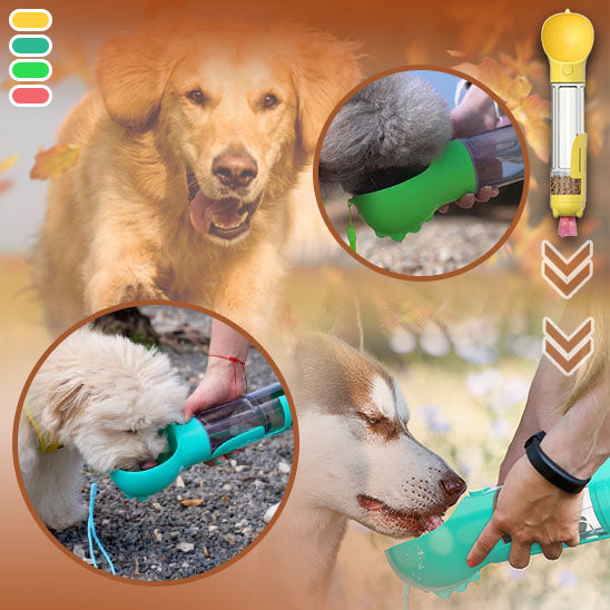 gourde 3 en 1 multifonction pour chien eau croquette sac jujugourde la niche de jules pelle à eau et croquettes
