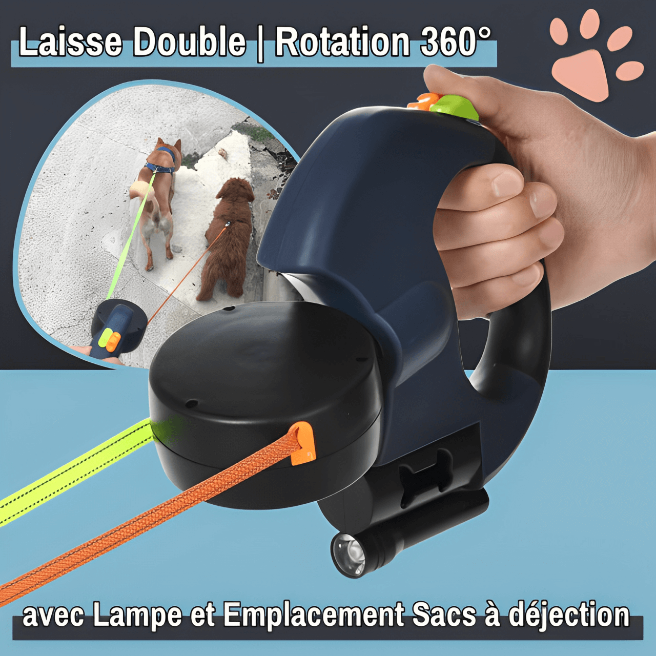 laisse double pour chien rotation 360 et 3 en 1 jujudualleash la niche de jules bleu