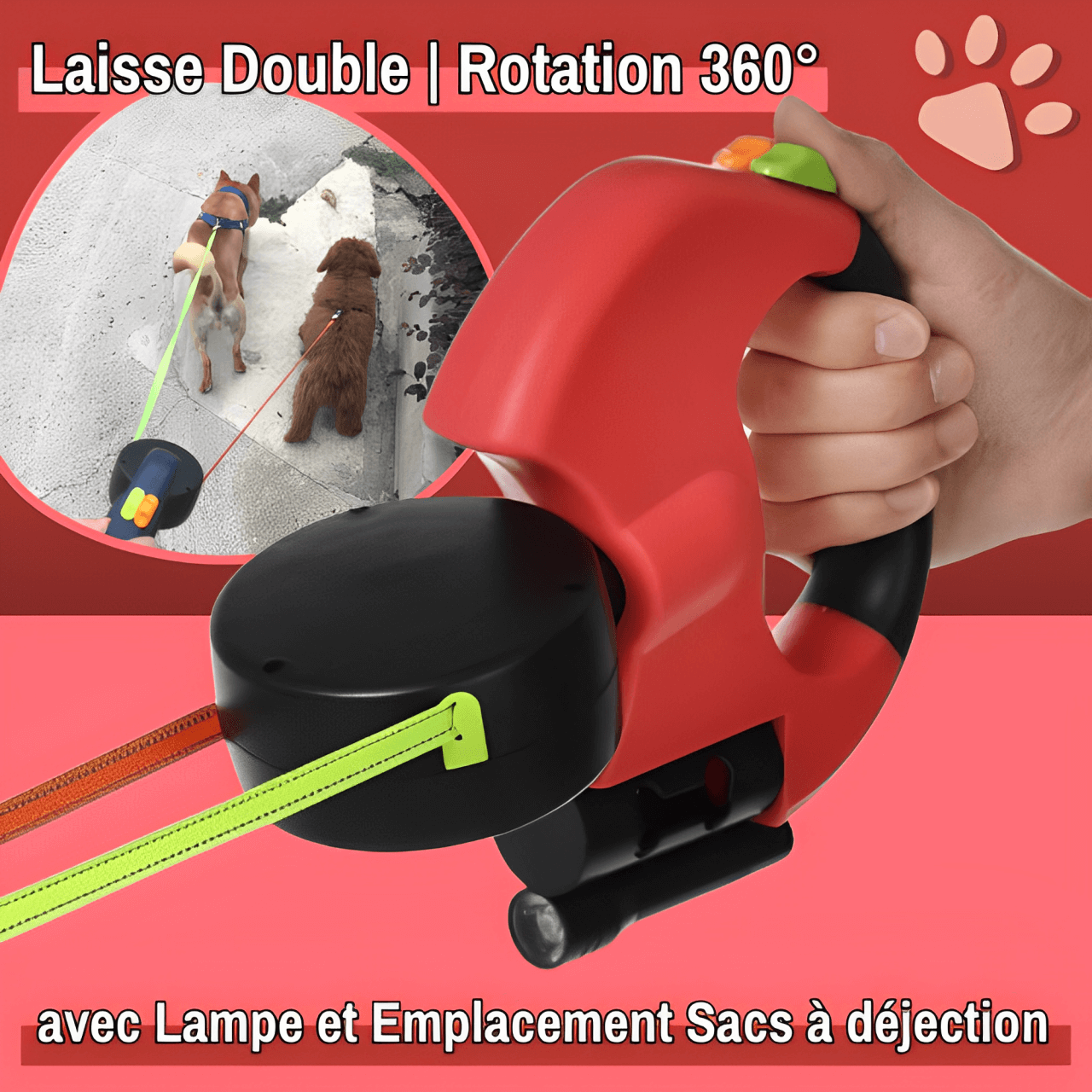 laisse double pour chien rotation 360 et 3 en 1 jujudualleash la niche de jules rouge